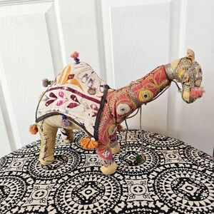 1950s 60s Camel Handcrafted Embroidered Stuffed Raji Cotton Bohemian Indian